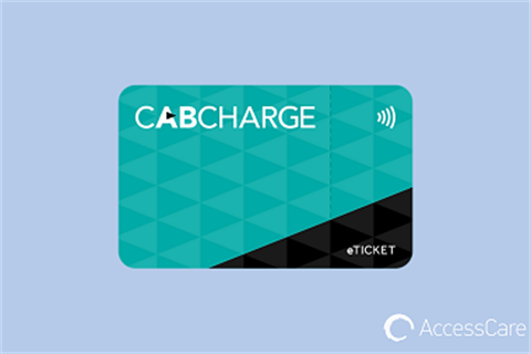 The image shows AccessCare's taxi card against a blue background.