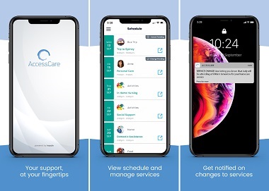 Three example images of the app on a smart phone are shown side by side, including the home screen, the client schedule and a pop-up on the lock screen.